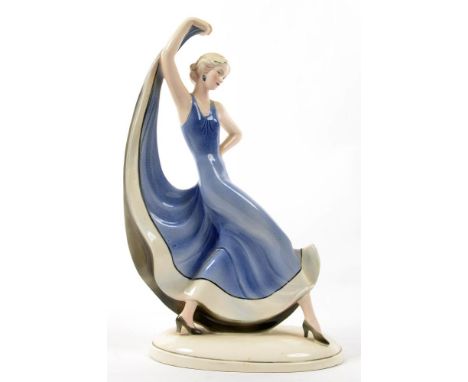 A KATZHUTTE ART DECO EARTHENWARE FIGURE OF A DANCER ON DOMED OVAL BASE, 30CM H, GREEN PRINTED MARK, PAINTED G H, C1930