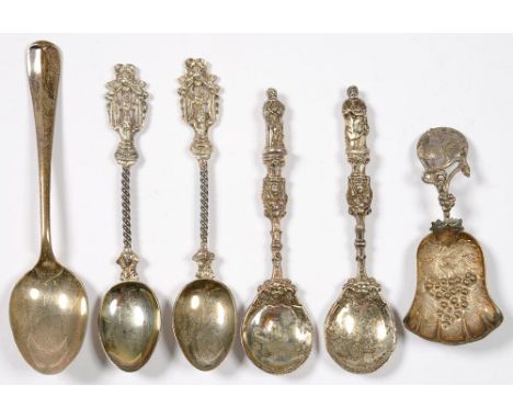 MISCELLANEOUS SILVER FLATWARE, INCLUDING APOSTLE SPOONS, CADDY SPOON, ETC, VICTORIAN AND LATER, 3OZS 18DWTS (6)++TARNISHED