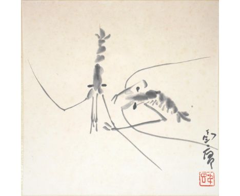 A CHINESE DRAWING, SHRIMPS, SIGNED WO-HU, SEAL ZHONG-CHONG, 34.5 X 34.5CM EXCLUDING SILK SELVEDGE