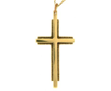 A GOLD CROSS, MARKED 9K, ON GOLD CHAIN MARKED 9KT, 10G++LIGHT WEAR CONSISTENT WITH AGE 