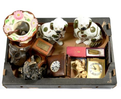 MISCELLANEOUS BYGONES AND WORKS OF ART, TO INCLUDE A BRASS MOUNTED WALNUT INKWELL, JAPANESE IVORY CARVINGS, MEIJI PERIOD, BRO