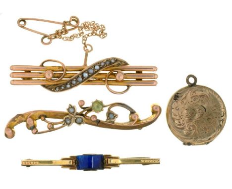 TWO VICTORIAN GOLD BROOCHES, ONE IN 9CT, THE OTHER MARKED 9CT, A GOLD LOCKET, 6G AND A AN ART DECO PASTE SET GILT BRASS BAR B