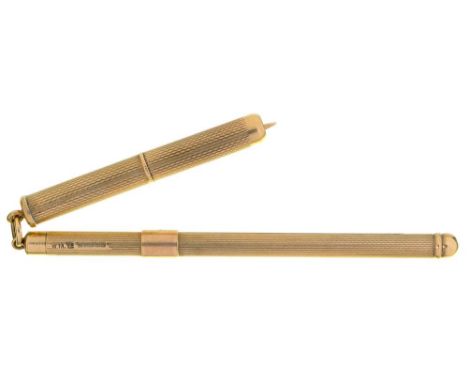 A 9CT GOLD SWIZZLE STICK, BIRMINGHAM 1973 AND A GOLD NAIL PARER, UNMARKED, 12.5G++LIGHT WEAR CONSISTENT WITH AGE 