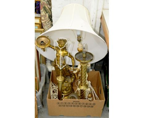A FRENCH SPELTER GILT FIGURAL TABLE LAMP AND THREE OTHERS, VARIOUS SIZES