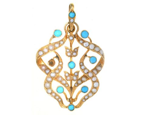 AN ART NOUVEAU TURQUOISE AND SPLIT PEARL PENDANT, C1910, IN GOLD MARKED 15C, 3.5 CM L APPROX, 4.5G++ONE TURQUOISE DEFICIENT