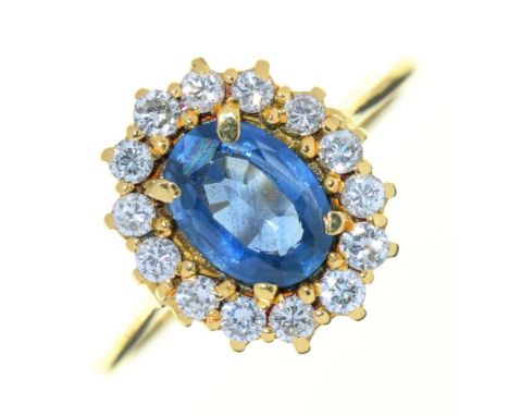 A SAPPHIRE AND DIAMOND RING, IN 18CT GOLD, 3G, SIZE J½++LIGHT WEAR CONSISTENT WITH AGE 