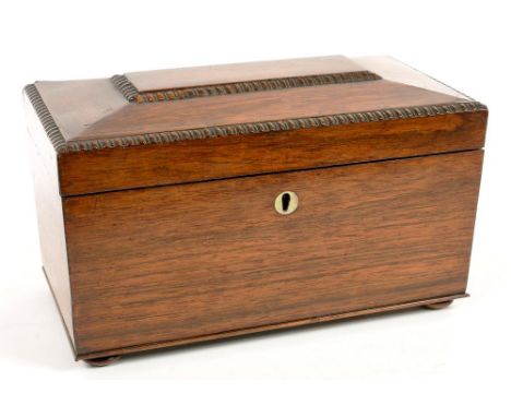 A VICTORIAN ROSEWOOD TEA CADDY OF SARCOPHAGUS SHAPE WITH FITTED INTERIOR AND PAIR OF CANISTERS, 33CM L