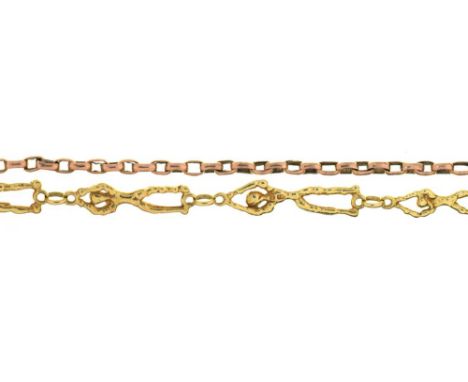 A GOLD CHAIN MARKED 9CT AND ANOTHER MARKED 9K, 15G++ONE CHAIN BROKEN, LIGHT WEAR CONSISTENT WITH AGE 