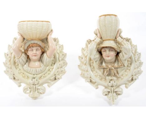 A PAIR OF ROYAL WORCESTER KATE GREENAWAY STYLE CHILD AND BASKET WALL VASES, 25 AND 28CM H, IMPRESSED AND GREEN PRINTED MARKS,