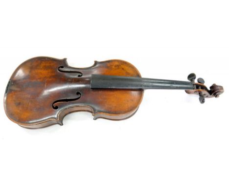 A GERMAN VIOLIN, BEARS STRADIVARIUS LABEL, LENGTH OF BACK 33CM 