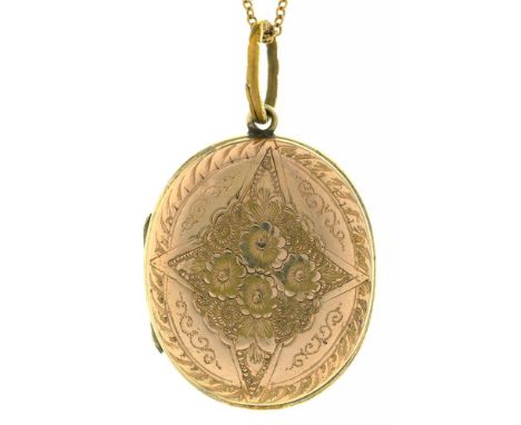 A  VICTORIAN GOLD PLATED LOCKET, ON A GOLD CHAIN, MARKED 9CT++LIGHT WEAR CONSISTENT WITH AGE 