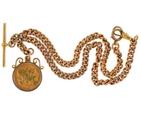 GOLD COIN. SOVEREIGN, 1911, IN GOLD MOUNT MARKED 9C ON GOLD ALBERT MARKED 9C, 27.5G++LIGHT WEAR CONSISTENT WITH AGE 