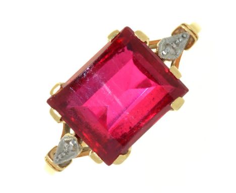 A SYNTHETIC RUBY AND DIAMOND RING IN GOLD, MARKED K18, 3G, SIZE N½ ++LIGHT WEAR CONSISTENT WITH AGE 