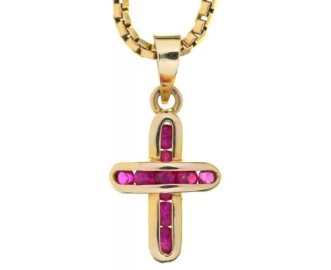 A RUBY CROSS PENDANT IN GOLD MARKED 585, 1.5G, ON GOLD CHAIN MARKED 750, 12.5G++LIGHT WEAR CONSISTENT WITH AGE 