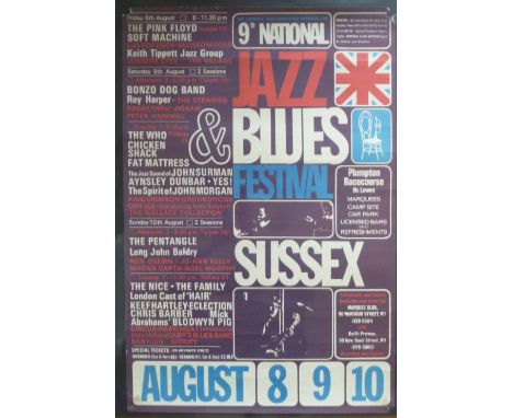 POSTER ADVERTISING THE NATIONAL JAZZ FEDERATION PRESENTS THE 9th NATIONAL JAZZ & BLUES FESTIVAL, SUSSEX AUGUST 8, 9, 10 FEATU
