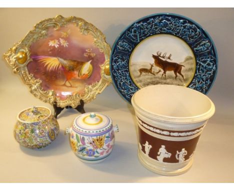 MEISSEN FRUIT BOWL , HANDPAINTED AND GILDED, COPELAND STONEWARE GLAZED JARDINIERE PLANTER WITH RAISED CLASSICAL SCENES ON BUR