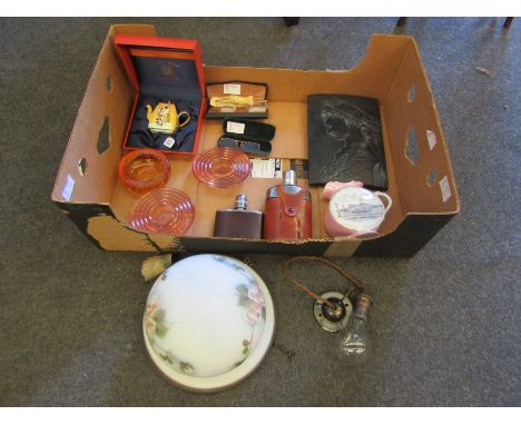 A quantity of collectable's including Whitefriars style amber glass ashtray and ceiling lamp shade etc.