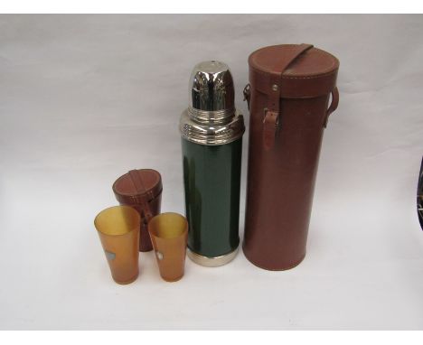 A cased "Isovac" Thermos flask and two horn beakers with silver marks in case