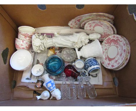 A box of mixed ceramics and glass to include part tea service, Portmeirion "Roller" bird jug, metal pheasants etc 
