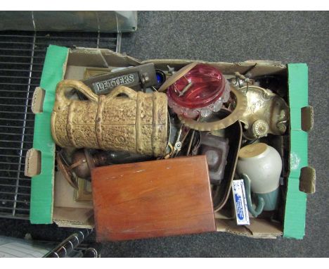 Two boxes containing assorted items including candlesticks, metal wares, lamp etc