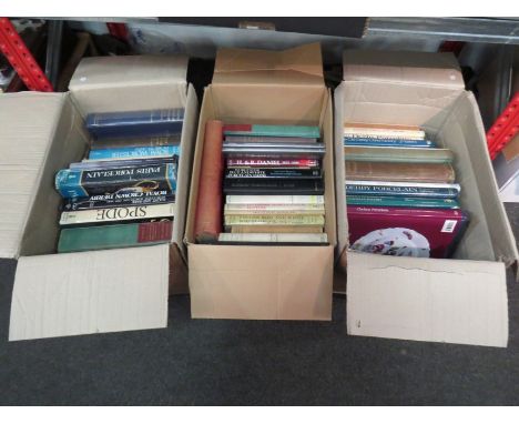 Three boxes containing a collection of 40+ books relating to ceramics, porcelain etc.,including 'Bow Porcelain', by F.Hurlbut