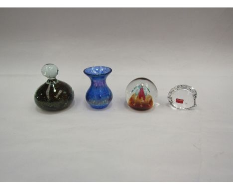 Three paperweights including Caithness, Mdina, Baccarat form Hedgehog and a blue iridescent vase of small proportions   