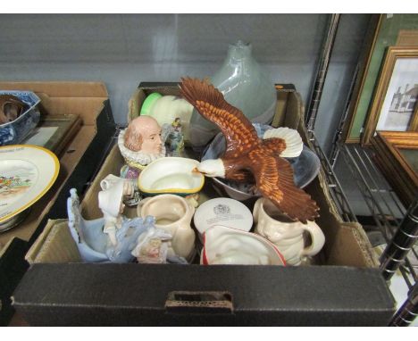 A box of mixed, Father Christmas jug, Wade figural cups, Midwinter character jug "Jim Hawkins", glass vase and bowl, Beswick 