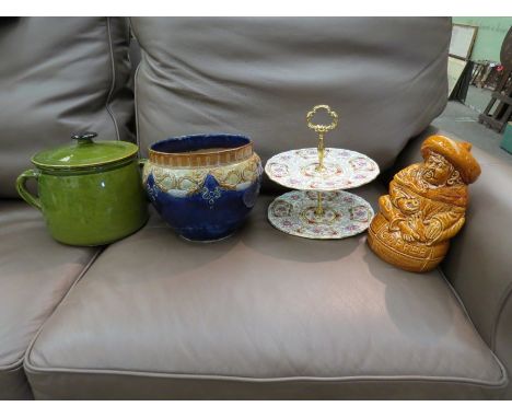 A Royal Doulton jardiniere a/f, a lidded casserole earthenware pot, cake plate and a Sadler glazed coffee jar in the form of 
