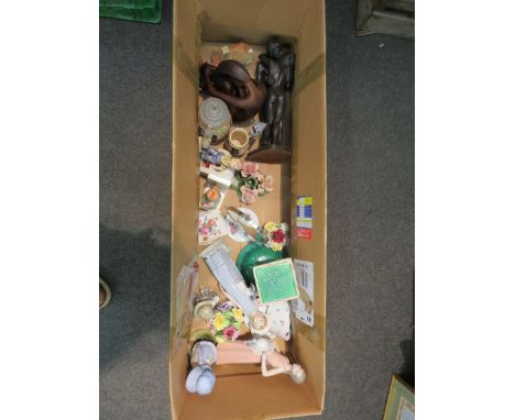 A box of mainly china ware including Adderley and Royal Doulton posies and Lladro figures