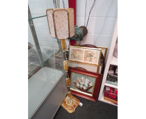 A quantity of pictures and prints including an oil depicting flowers with Shell Alda Tobbam 1951 and  a faux alabaster standa