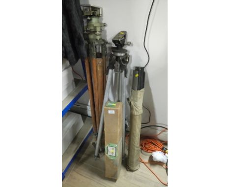 2 VINTAGE INSTRUMENT TRIPODS & 2 VINTAGE PROJECTOR SCREENS