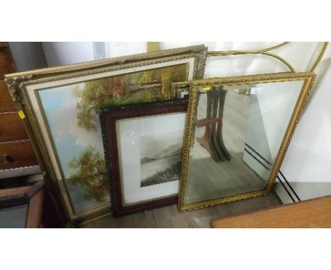 2 MODERN OIL PAINTINGS , MIRROR & STAG PRINT