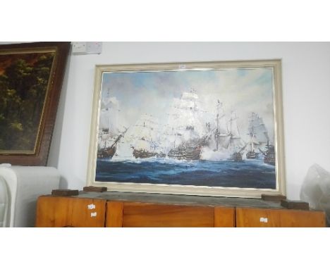 OIL PAINTING ON CANVAS 'SHIP BATTLE' SIGNED R O FARRELL?
