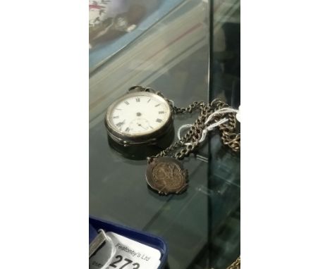 SILVER POCKET WATCH (NEEDS ATT) SILVER CHAIN & SILVER FOB