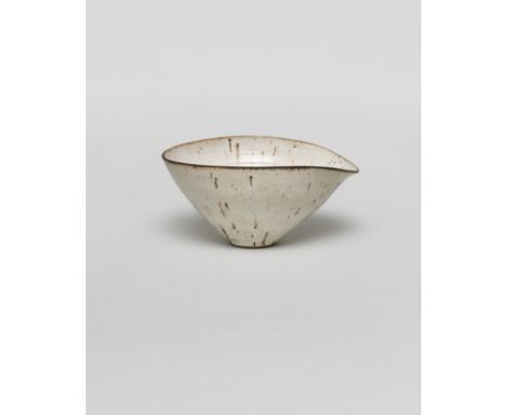 Lucie RieBowl with pouring lip, circa 1959Stoneware, shiny white glaze with manganese rim and integrated manganese speckle.11