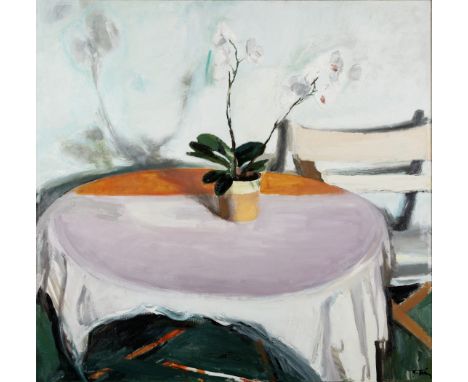 Panayiotis Tetsis (Greek, 1925-2016)Nature morte avec orchidées signé en grec (en bas à droite)huile sur toile150 x 155cm (59