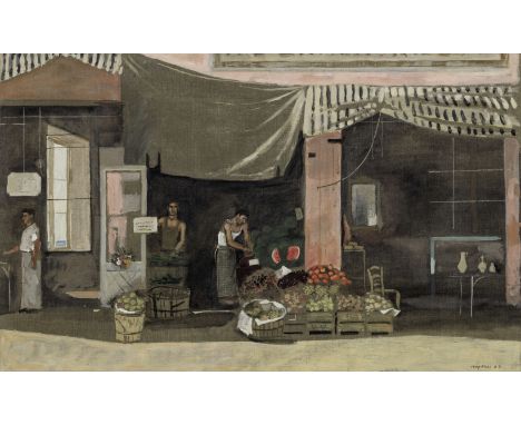 Yiannis Tsarouchis (Greek, 1910-1989)Épicerie à Mytiline signé en grec et daté '65' (en bas à droite)huile sur toile89 x 42cm