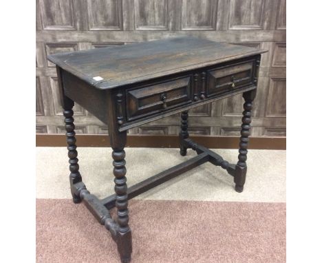 CHARLES II OAK SIDE TABLEwith moulded panel frieze drawer below oblong top, on four bobbin turned legs joined by a central st