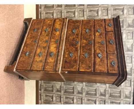 EARLY GEORGE III BURR WALNUT CHEST ON CHEST with shaped cornice, three short drawers over three graduated long drawers, on th