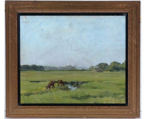 E* H* Heath(19th Century)A double-sided work, depicting a verdant landscape and seascape with white cliffs,signed,oil,28 x 31