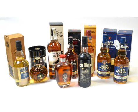 Nine bottles of Scotch Whisky, comprising: The Black Grouse, 40% vol 1l; The Ledaig Single Malt from The Isle of Mull, 42% vo