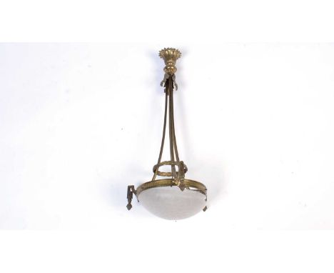An ornate early 20th Century gilt brass ceiling light, with acanthus leaf, bay leaf and beadwork top issuing three fluted dow