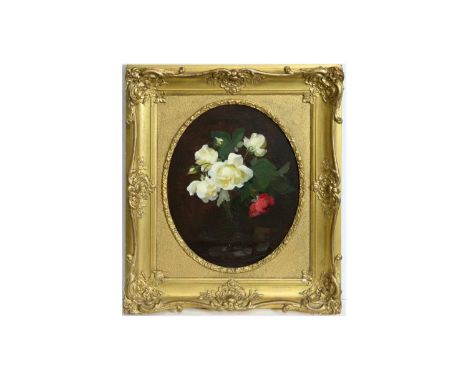 James Stuart Park (1862-1933)"Crimson and White Roses in a Glass",signed,oil on canvas,50 x 40cms, framed.Provenance: David M