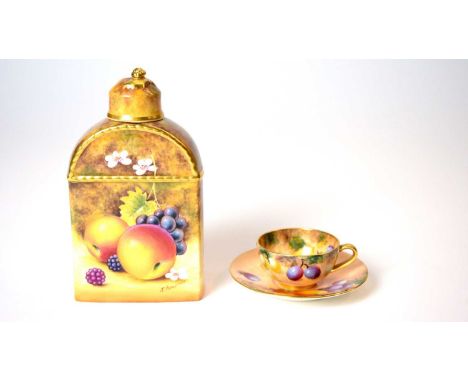 A Royal Worcester fruit-painted tea caddy and cover, painted by J Bowman with apples, pears, blackberries, and grapes, signed