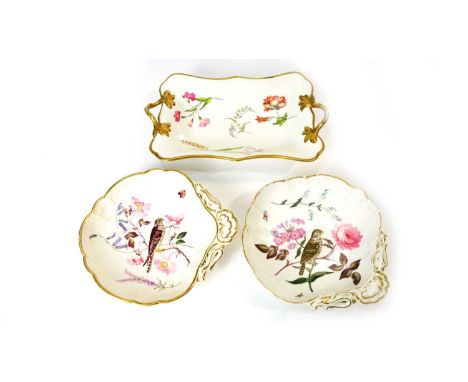 A Swansea porcelain dessert dish, of shaped rectangular form, painted with botanical specimens, gilt loop handles, 32cms; and