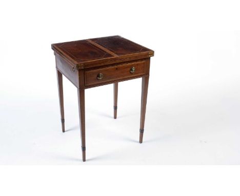 A George III mahogany and satinwood banded games table, the rectangular folding double flap top opening in the middle to reve