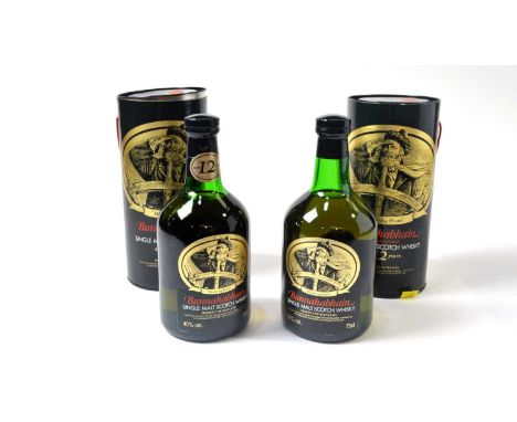 Bunnahabain single malt scotch whisky, two bottles, 12 years, 40%, 75cl, tubed.