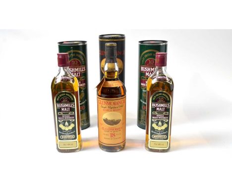 Glenmorangie single highland malt scotch whisky, 18 year old, one bottle, 75cl, 43% tubed; Bushmills 10 year old Irish whiske