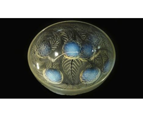 A Lalique Dahlias opalescent glass bowl, moulded with flowers and leaves, moulded mark, engraved No3210, 24cms.