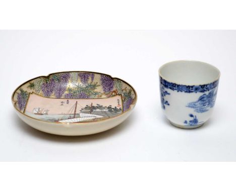 A Japanese Satsuma saucer dish, decorated with a panel of sailing boats on a ground of wisteria and peony, Satsuma mon and se